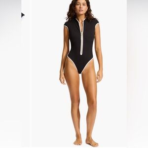 Seafolly NEW Cap sleeve color block zip up one piece swim size 8